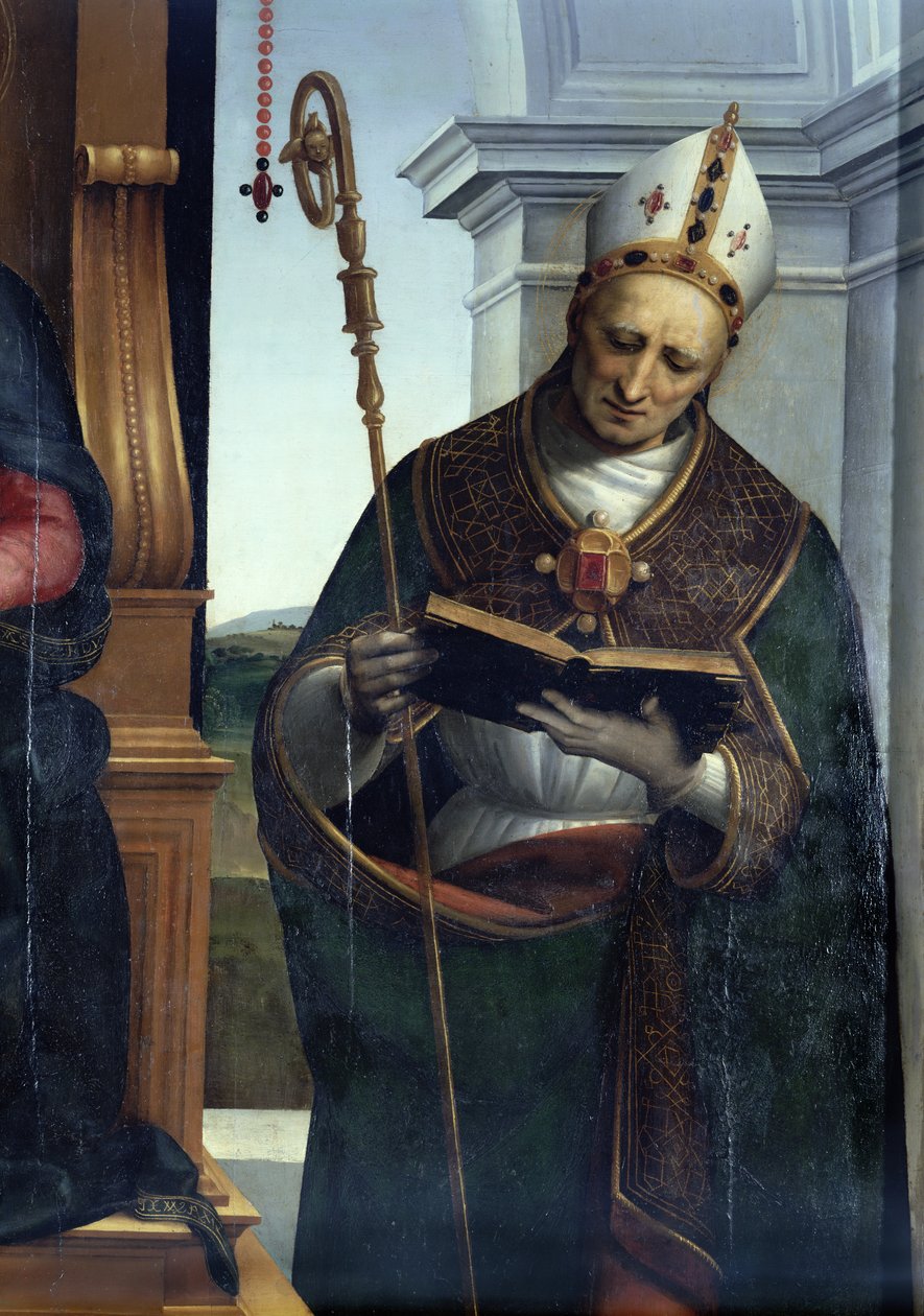 Madonnaen og barnet med døperen Johannes og St. Nikolas av Bari, 1505 (detalj av 30269) av Raffaello Sanzio Raphael