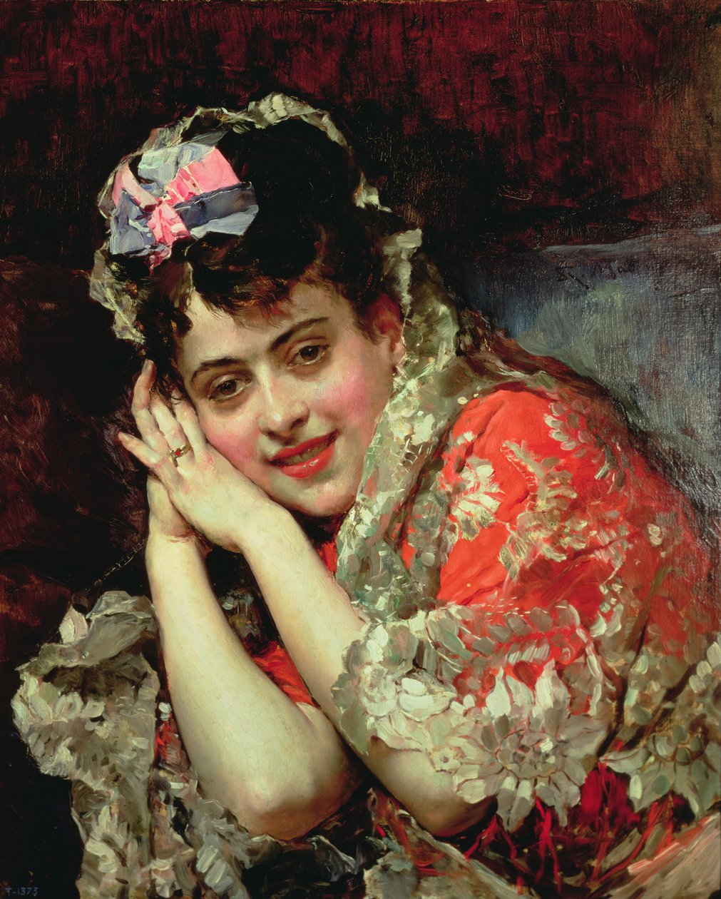 Portrett av Aline iført en Mantilla av Raimundo de Madrazo y Garreta