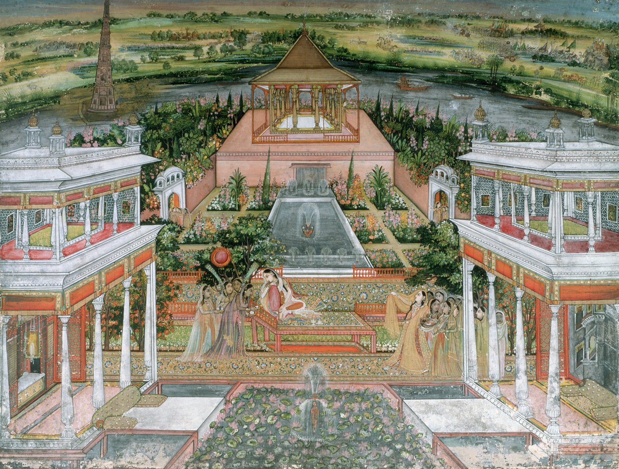 En mogulprinsesse som blir underholdt av kvinnelige ledsagere i en palasshage i Rajasthan, 1700 (wc og gouache på papir) av Rajput School