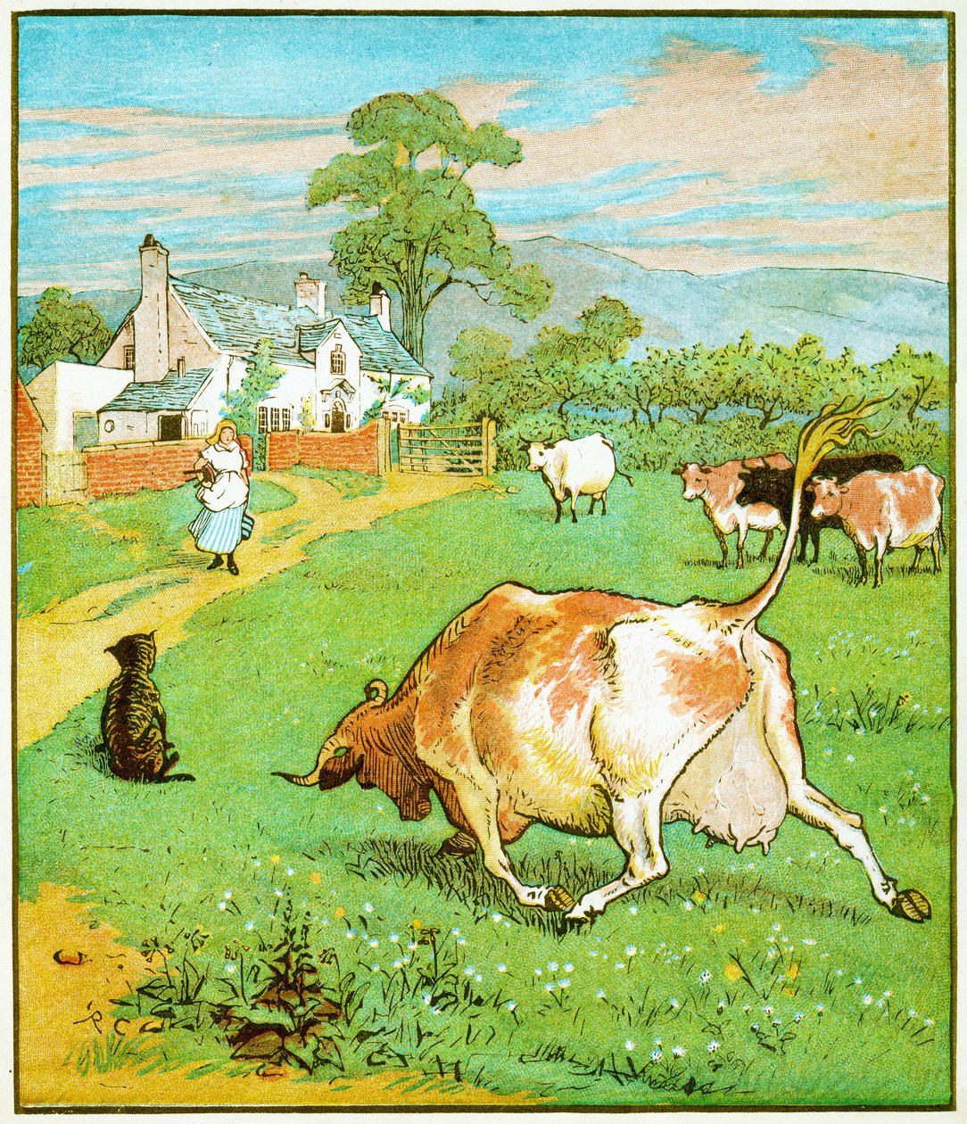 Dette er kua med det krøllete hornet som kastet hundeillustrasjonen for The House that Jack Built, 1878 av Randolph Caldecott