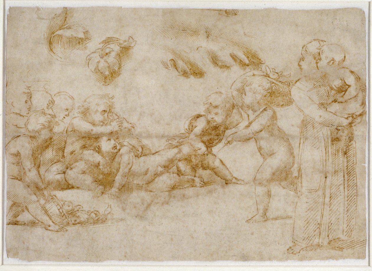 Amorini at Play (penn og brunt blekk på off-white papir) av Raffaello Sanzio Raphael