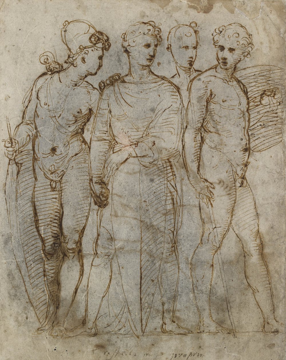 Group of Warriors (Donatello's St George ved Orsanmichele i sentrum) (penn og brunt blekk på hvitt papir) av Raffaello Sanzio Raphael