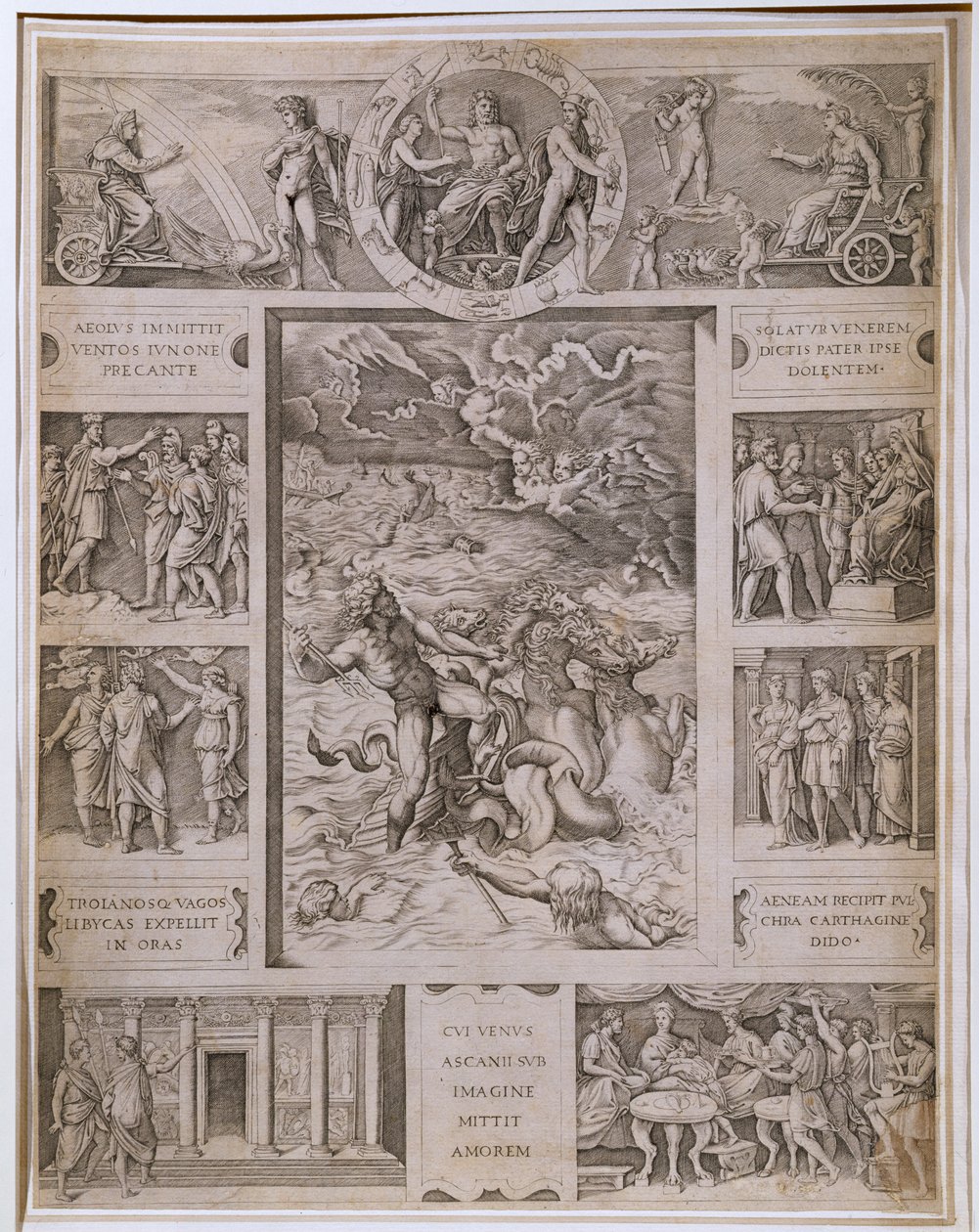 Quos Ego, Neptune Calming the Storm, med kantlinjer som viser flere scener fra Virgils 
