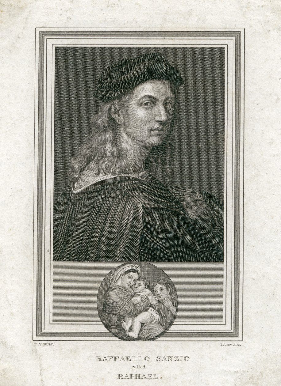 Raffaello Sanzio, kalt Raphael, gravert av Corner av Raffaello Sanzio Raphael