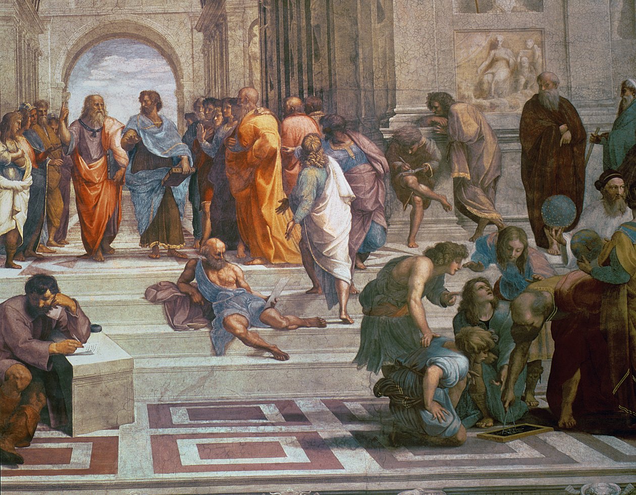 School of Athens, detalj fra høyre side som viser Diogenes på trappene og Euclid, 1510-11 freskodetalj av 472 av Raffaello Sanzio Raphael