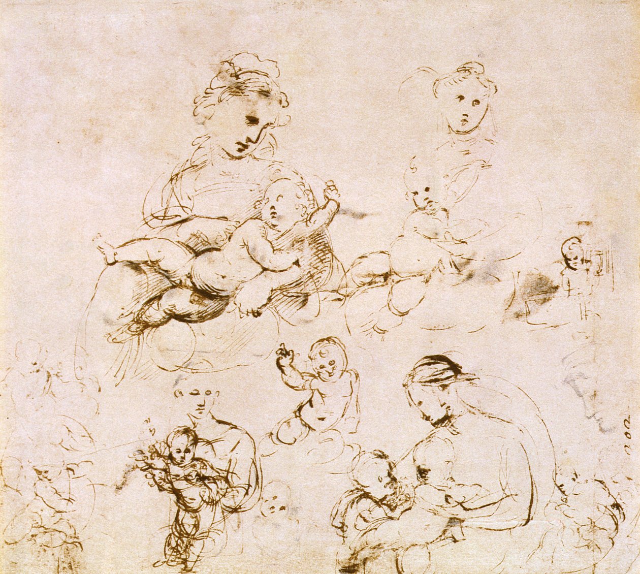 Flere studier av en Madonna og et barn (penn og blekk) av Raffaello Sanzio Raphael
