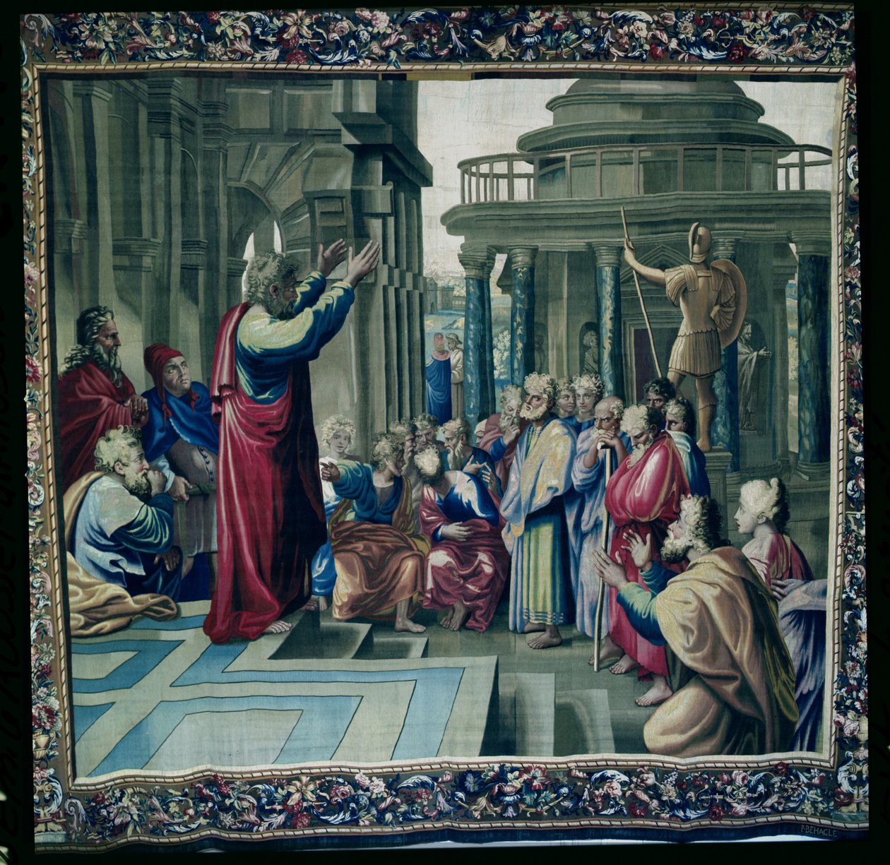 St. Paul Preaching at Areopagus, fra en serie som skildrer Apostlenes gjerninger, vevd på Beauvais-verkstedet under ledelse av Philippe Behagle (1641-1705) 1695-98 (ullteppe) av Raffaello Sanzio Raphael