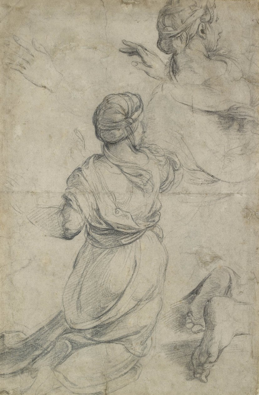 Studier for to knelende kvinner (svart kritt) av Raffaello Sanzio Raphael