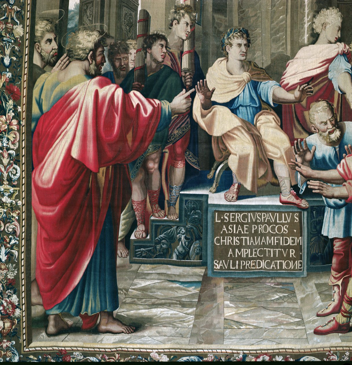 Tapet som viser Apostlenes gjerninger. The Blindness of Elymas detalj av Saint Paul og den romerske prokonsul Sergius Paulus, vevd på Beauvais Workshop under ledelse av Philippe Behagle av Raffaello Sanzio Raphael