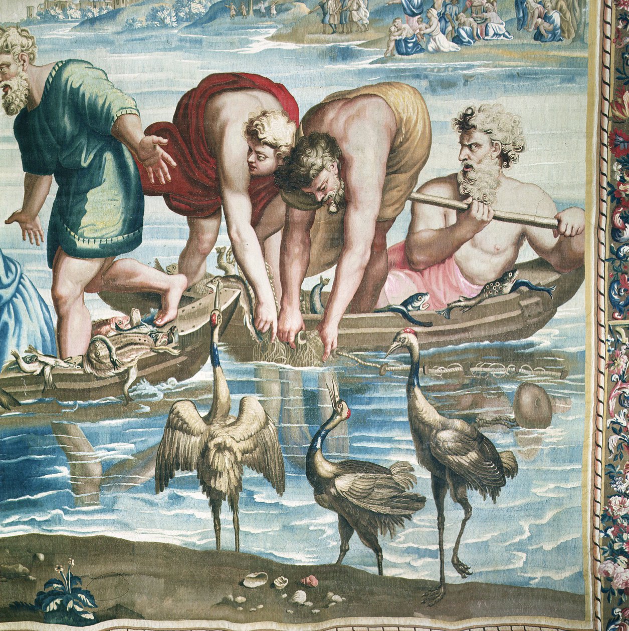 Billedteppe som skildrer Apostlenes gjerninger, Den mirakuløse fiskefangst detalj av fiskerne som installerer garnet sitt, vevd på Beauvais-verkstedet under ledelse av Philippe Behagle 1641-1705 av Raffaello Sanzio Raphael