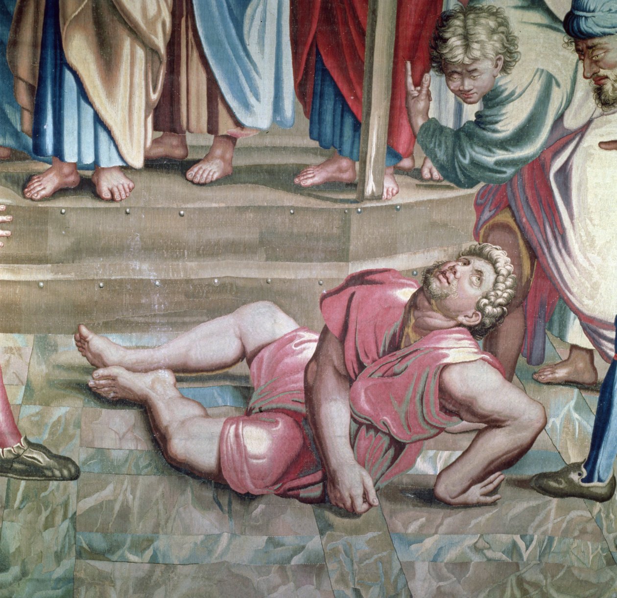Tapet som skildrer Apostlenes gjerninger, Ananias død detalj av Ananias døende, vevd på Beauvais Workshop under ledelse av Philippe Behagle 1641-1705, 1695-98 ullteppe av Raffaello Sanzio Raphael