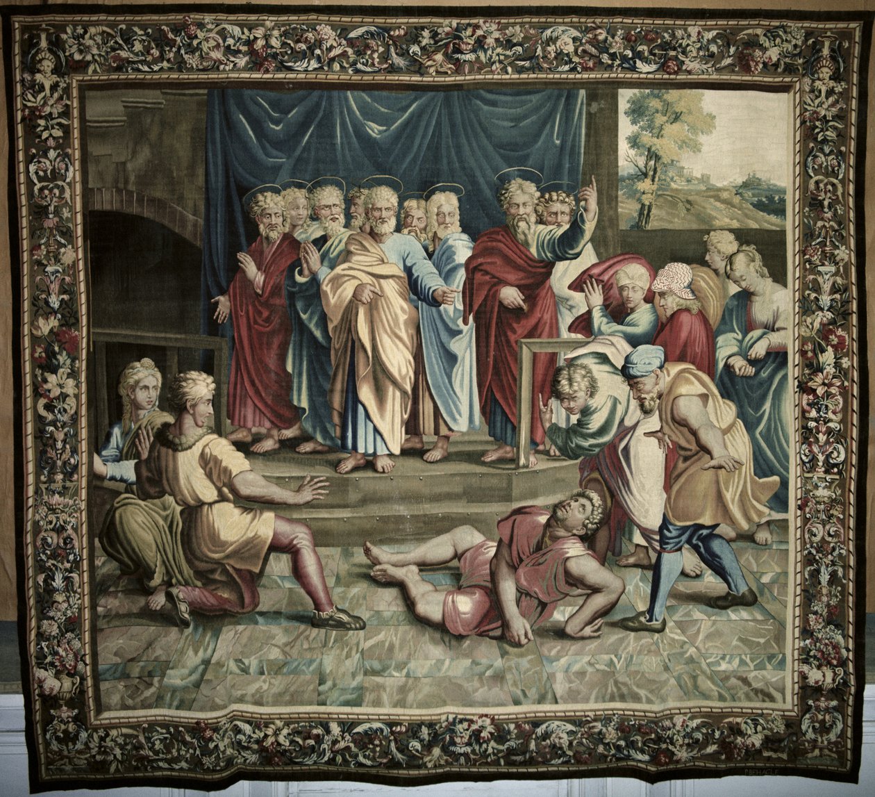 The Death of Ananias, fra en serie som skildrer Apostlenes gjerninger, vevd på Beauvais-verkstedet under ledelse av Philippe Behagle (1641-1705) 1695-98 (ullteppe) av Raffaello Sanzio Raphael