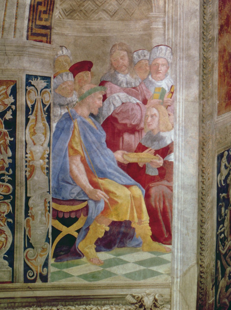 De rettslige dydene: Pave Gregor IX godkjenner de Vatiske dekretene; Justinian overlater Pandects til Trebonianus freskomaleri fra 845 av Raffaello Sanzio Raphael