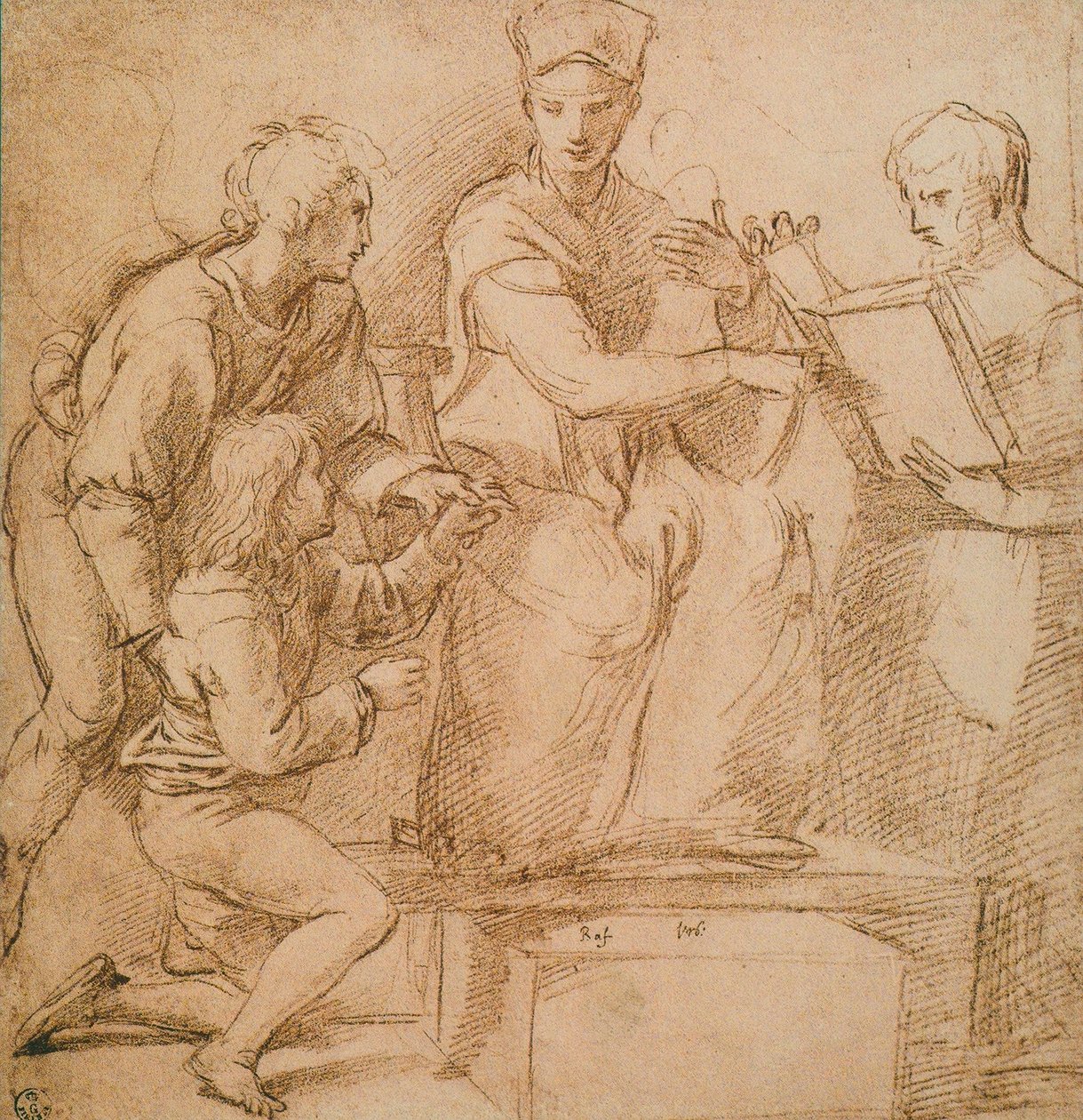 Fire figurer (Madonna og barn?), Tegning av Raphael. Cabinet of Drawings and Prints, Uffizi Gallery, Firenze av Raffaello Sanzio Raphael