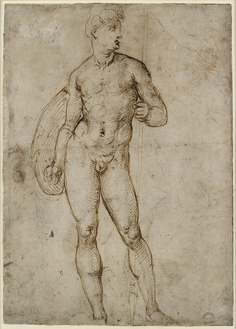 Recto: A Youthful Warrior, WA1846.163 (penn og brunt blekk, noen muligens ikke-relaterte blinde pennemerker) av Raffaello Sanzio Raphael
