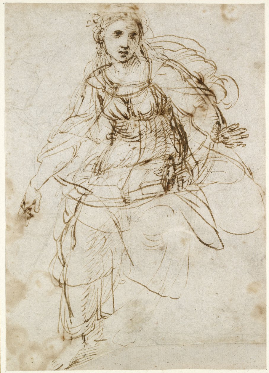Recto: Allegorical Figure of Theology, WA1846.195 (penn og brunt blekk, med separate spor av ledepunkt på recto) av Raffaello Sanzio Raphael