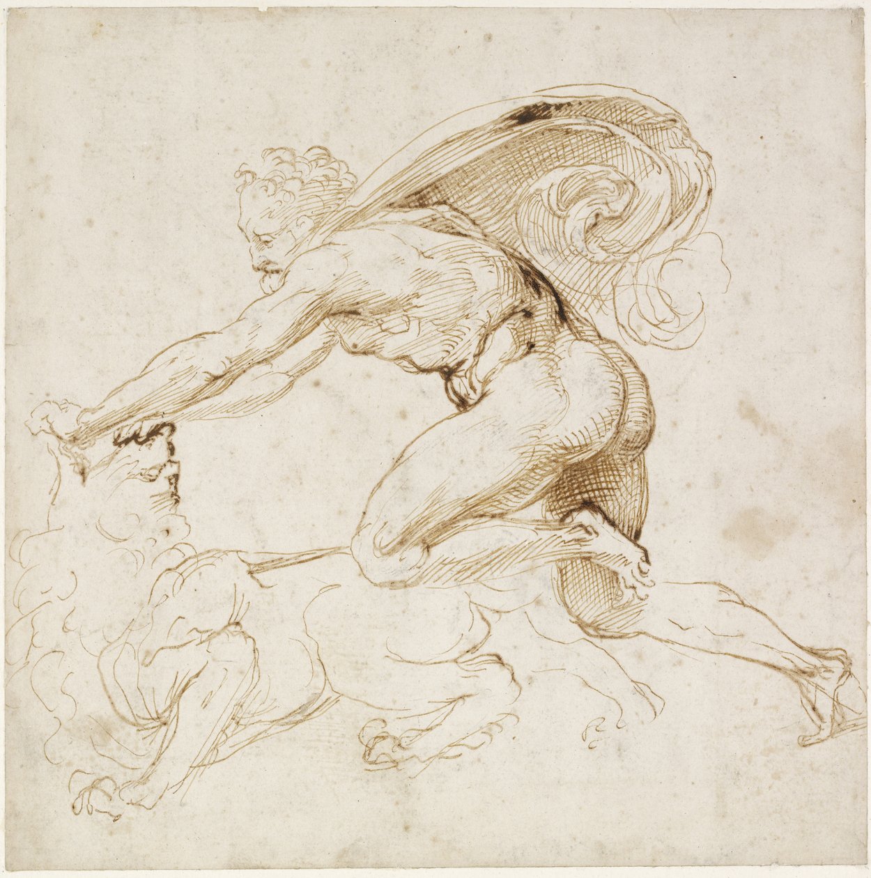Rekto: Hercules overmanner Nemean-løven , WA1846.181 (penn og brunt blekk over blinde pennen og spor av bly eller kritt) av Raffaello Sanzio Raphael