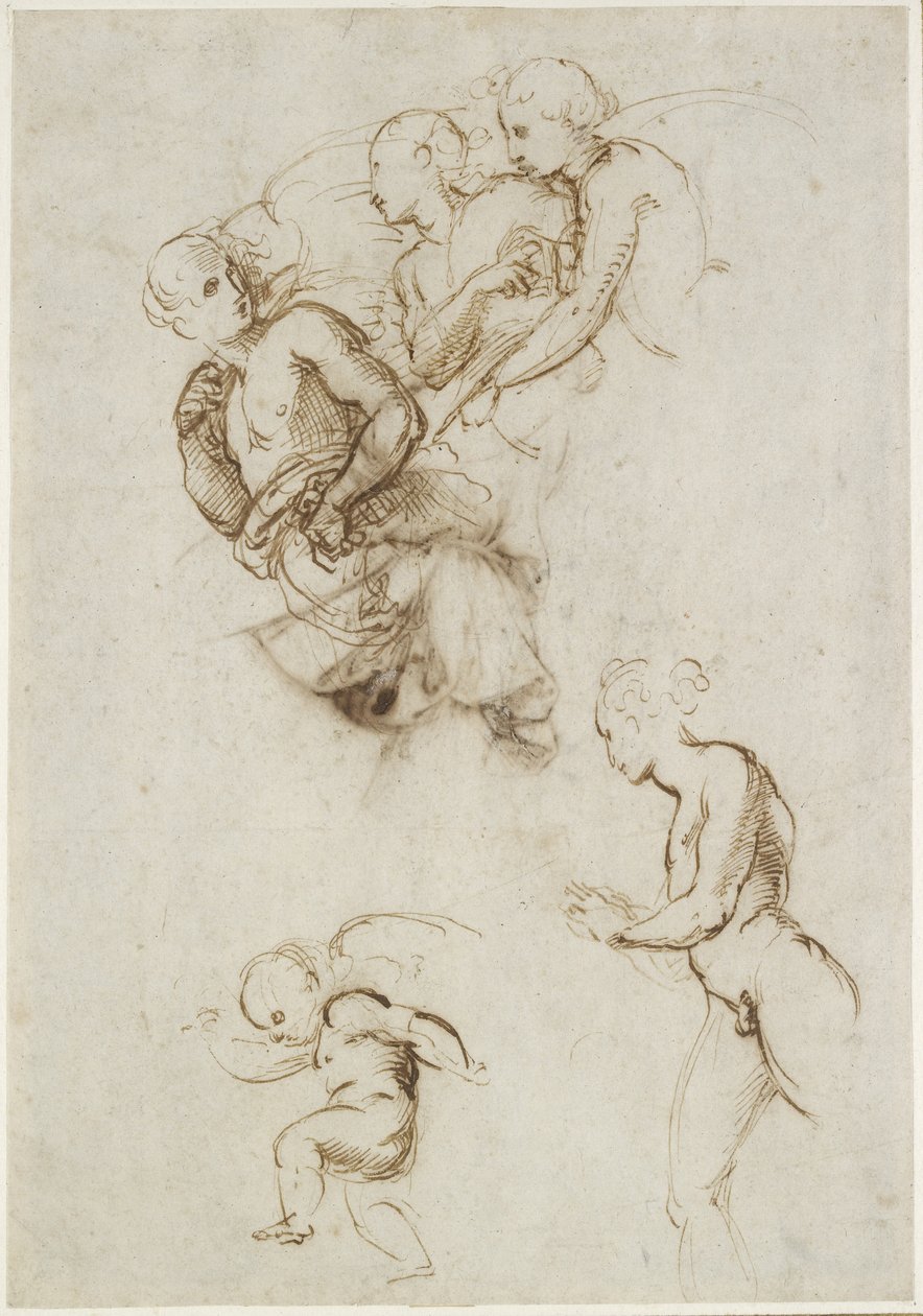 Recto: Studies for a Group of flying Angels, WA1846.190 (penn og brunt blekk på hvitt papir) av Raffaello Sanzio Raphael