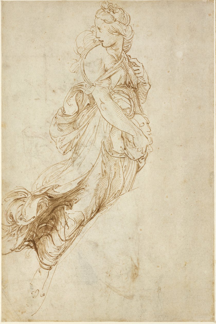 Recto: Study for the Figure of Melpomene, WA1846.182 (penn og brunt blekk over blind stylus) av Raffaello Sanzio Raphael