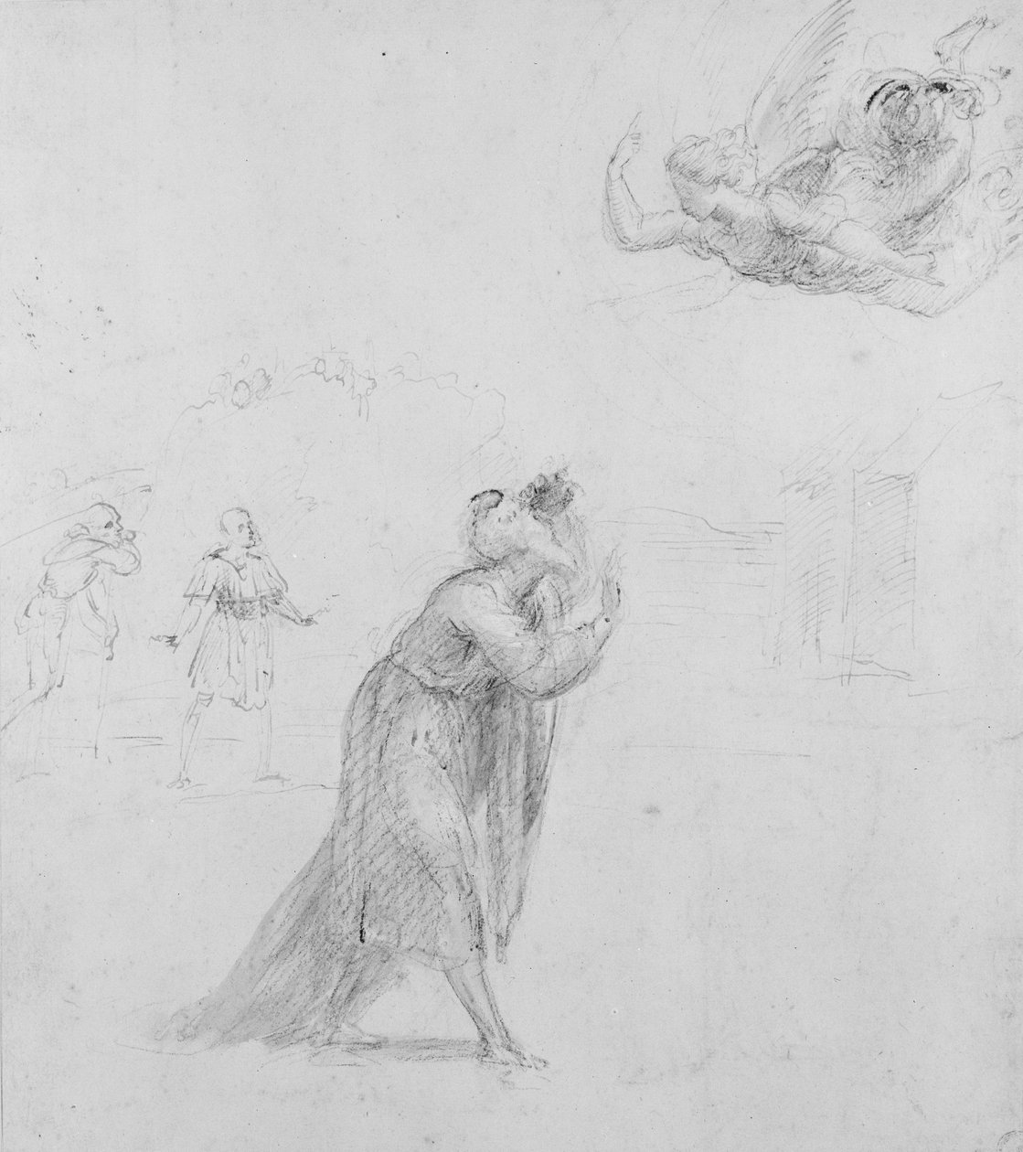 Recto: The Angel appearing to Joachim, WA1846.204 (penn og pensel i gulbrun vask over svart kritt forsterket med hvit kroppsfarge (delvis oksidert) på hvitt papir) av Raffaello Sanzio Raphael
