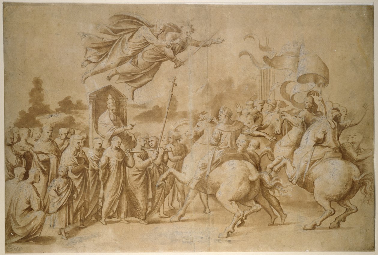 The Repulse of Attila, WA1846.277 (børstetegning i brun vask forsterket med kroppsfarge (oksidert) på brunt papir) av Raffaello Sanzio Raphael