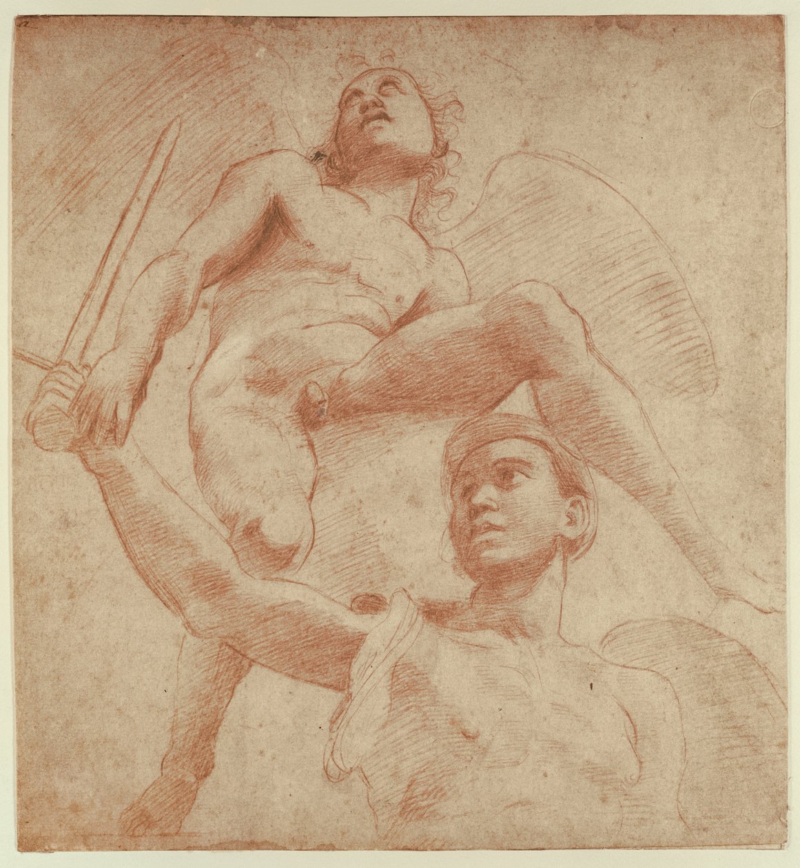 Engel og en figur som representerer planeten Mars (rødt kritt på papir) av after Raphael