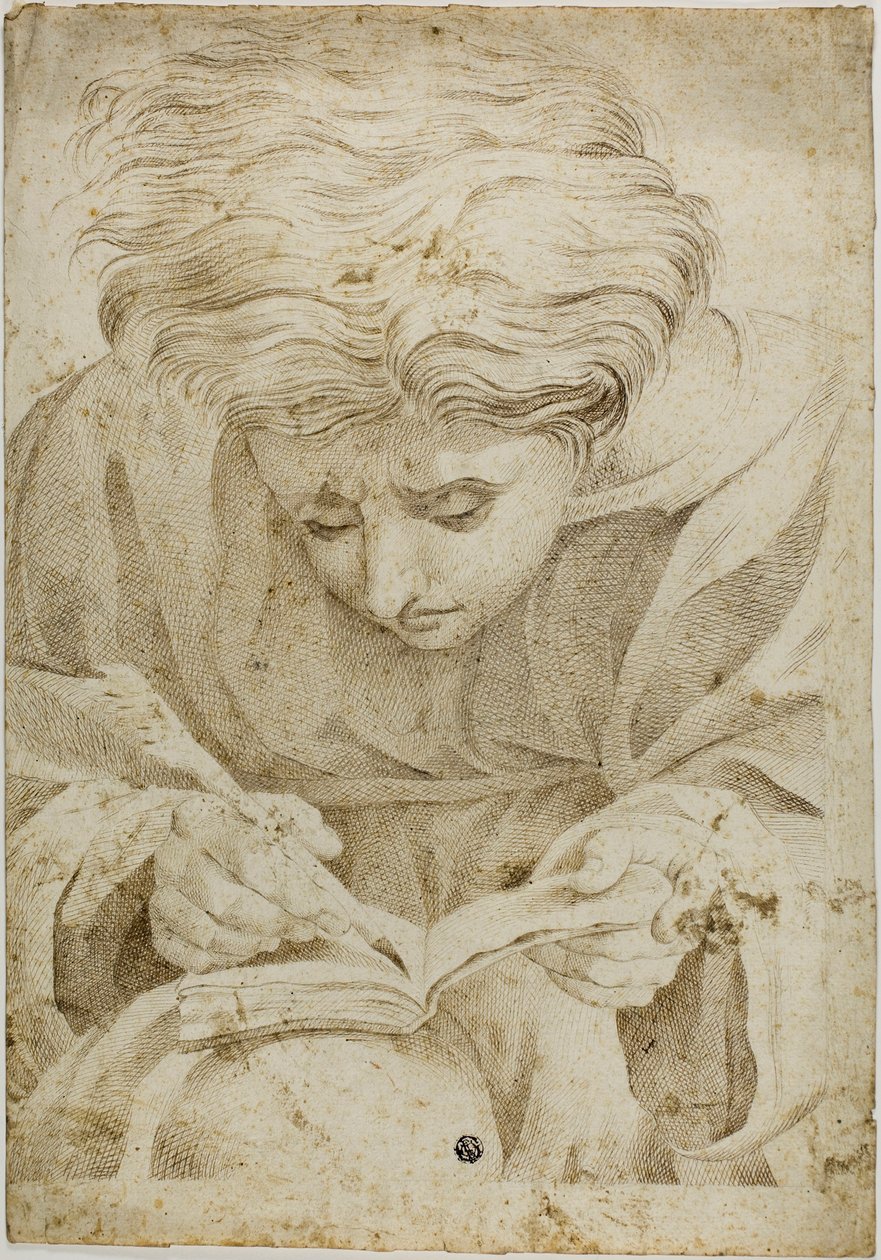 Sittende ungdom skriver i bok av Raphael