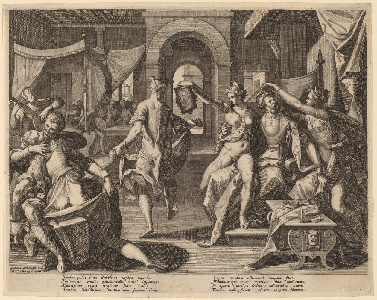 Sardanapalus blant konkubinene, 1589. av Raphael Sadeler