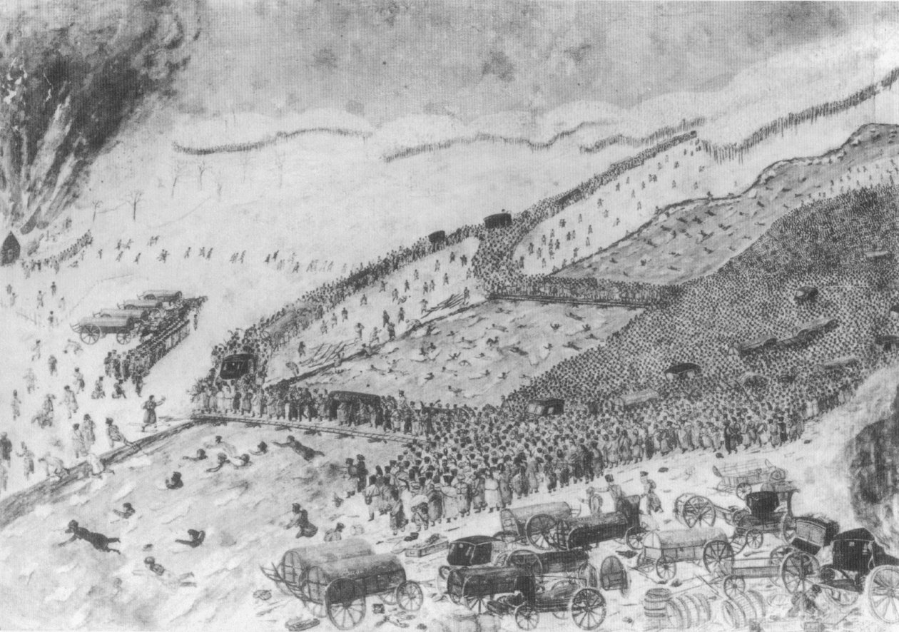 Passasjen til Berezina, 26. november 1812. Kunstneren var ennå ikke født. Se i dette arbeidet: Planen til løytnant Swidy. På slutten av de to broene krysset Grande Armee myrene på dike. Troppene er representert i sin helhet av Raymond Fournier Sarloveze