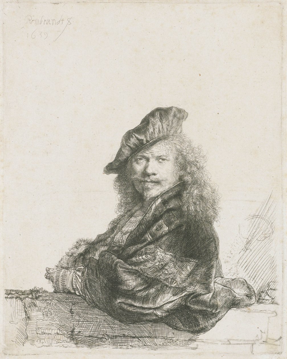 Self portrait leaning forearm on a wall, 1639 av Rembrandt van Rijn