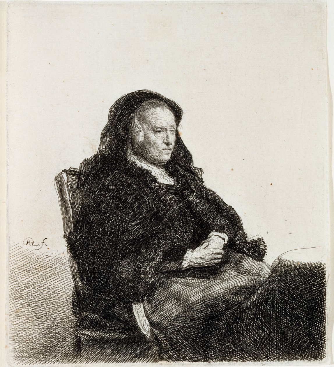Kunstnerens mor sitter ved et bord, ca. 1631 (etsing og gravering) av Rembrandt van Rijn