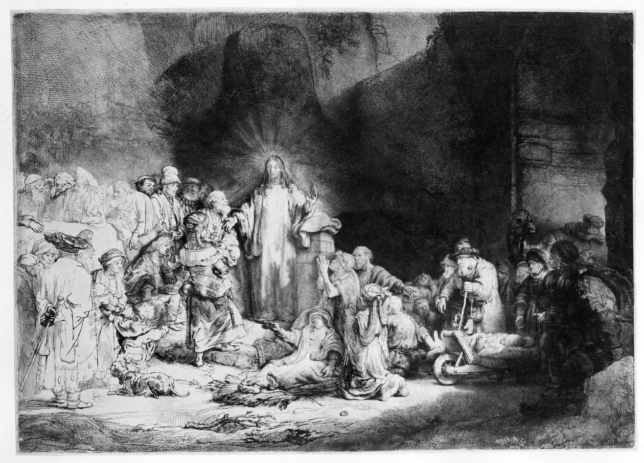 Kristus forkynner i et steinete landskap, ca. 1645 av Rembrandt van Rijn