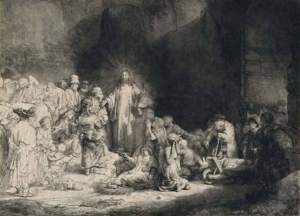 Kristus med de syke rundt ham, mottar små barn (The Hundred Guilder Print) av Rembrandt van Rijn