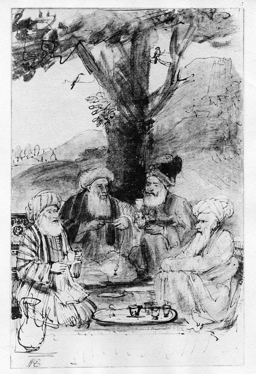 Fire orientalere sitter under et tre, ca. 1659 (penn, blekk og vask på papir) av Rembrandt van Rijn