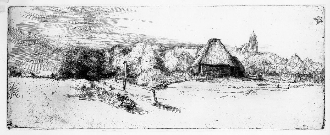 Landskap med tårn, ca.1651 av Rembrandt van Rijn