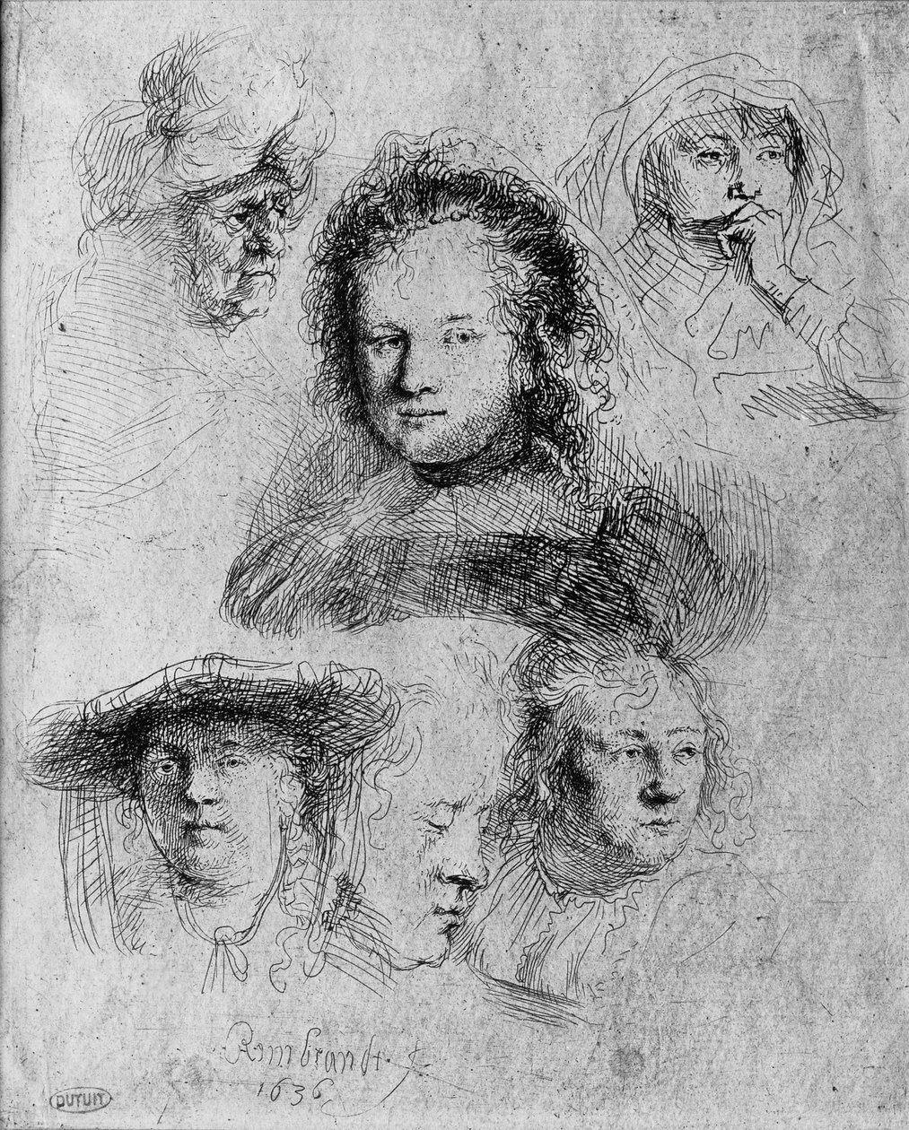 Seks hoder med Saskia van Uylenburgh (1612-42) i sentrum, 1636 av Rembrandt van Rijn