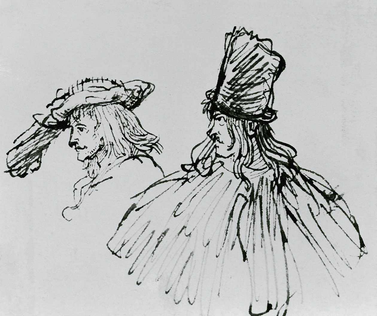 To skuespillere (penner og blekkvask på papir) av Rembrandt van Rijn