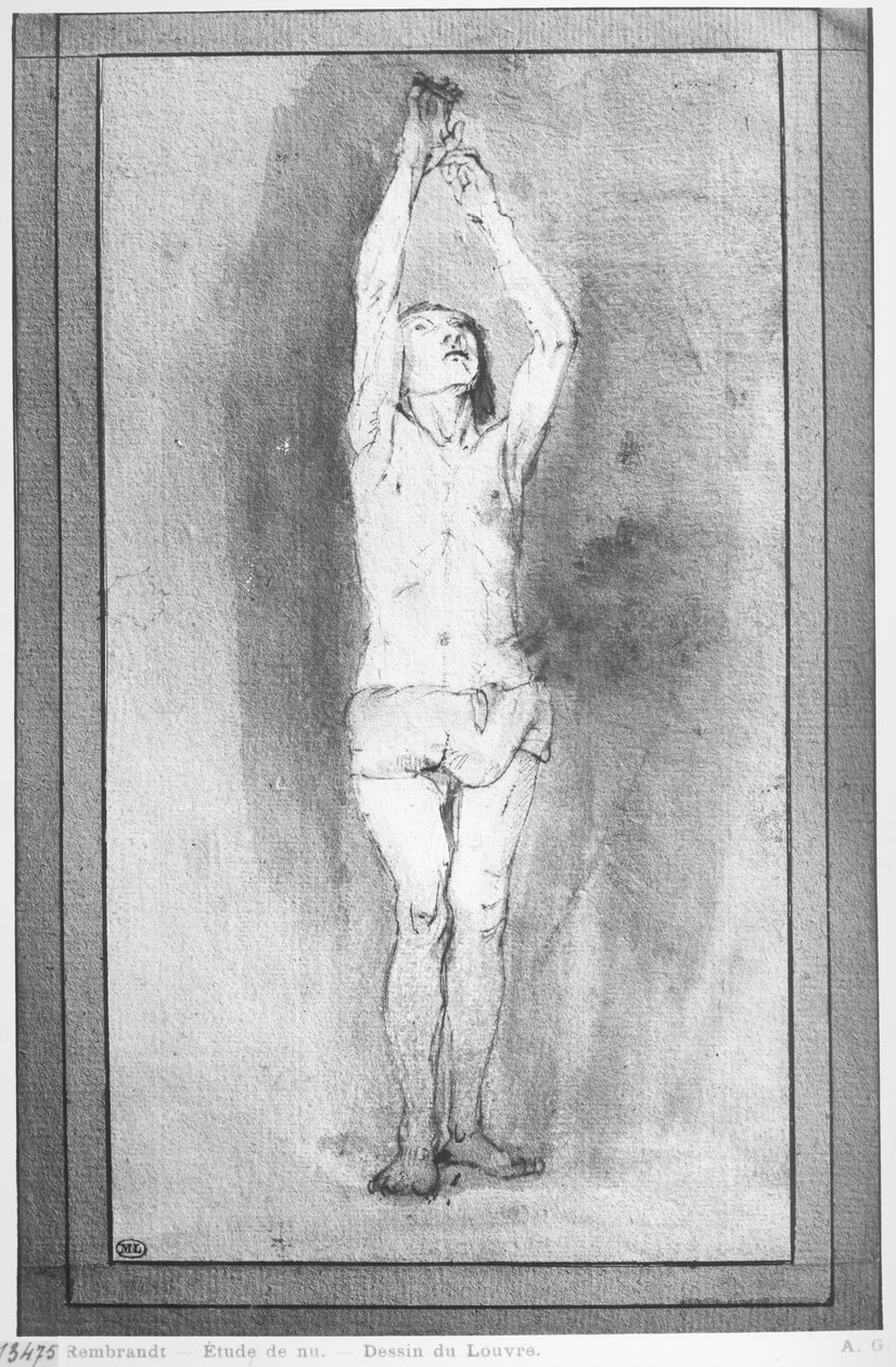 Ung gutt med lendeklede, begge hender hengt på en liten bar (penn, brunt blekk og vask på papir) av Rembrandt van Rijn