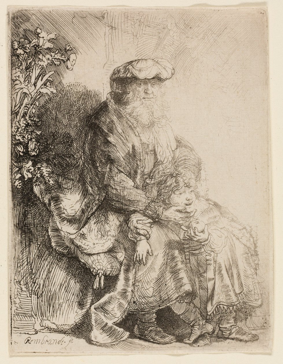 Abraham kjærtegner Isak av Rembrandt van Rijn
