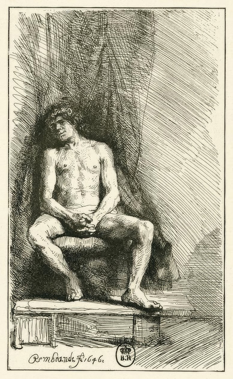 Naken mann, sittende av Rembrandt van Rijn