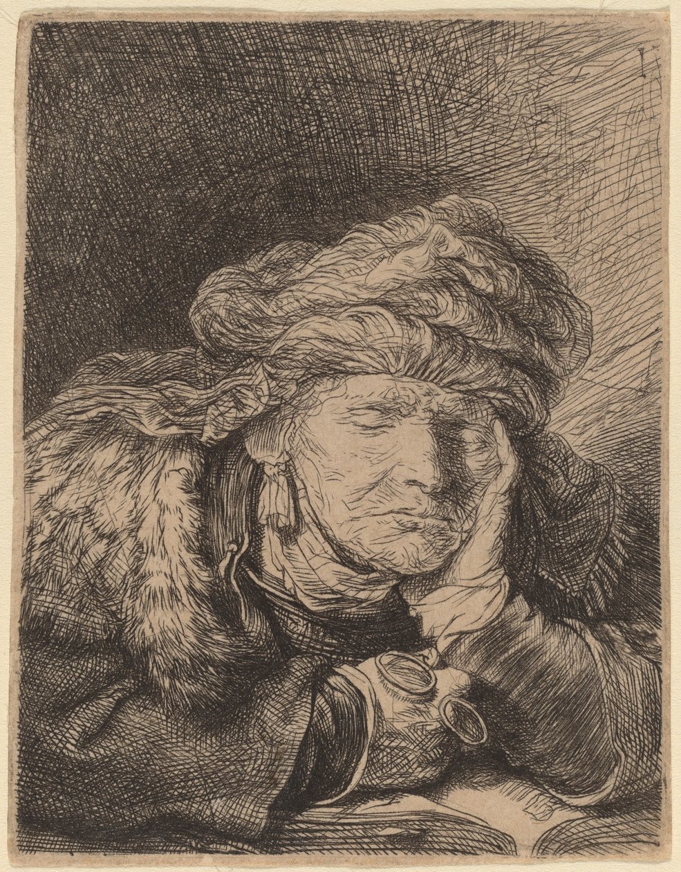 Gammel kvinne sover av Rembrandt van Rijn