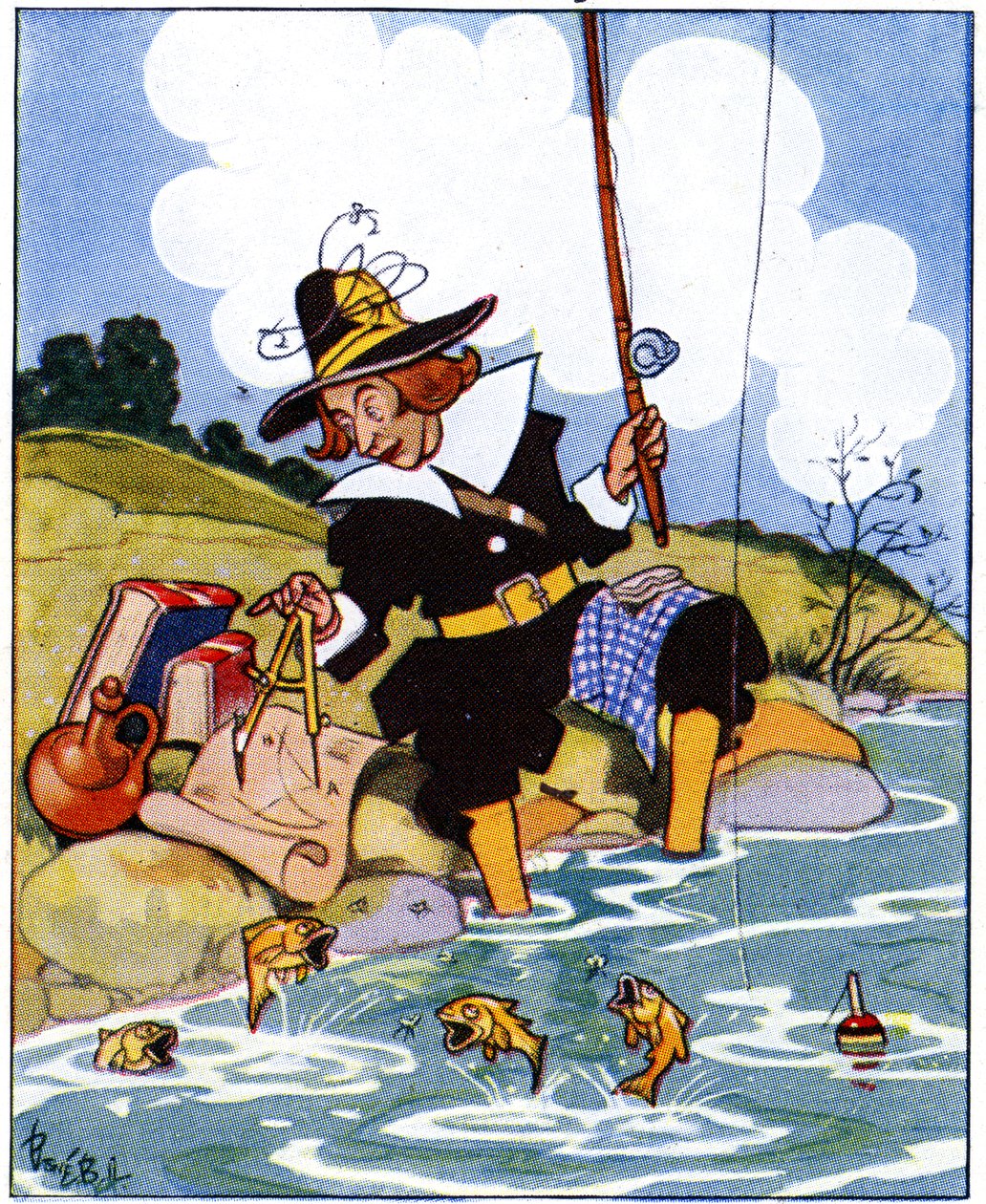 Izaak Walton studerer vinklene til Euklid mens han fisker, 1936 av René Bull