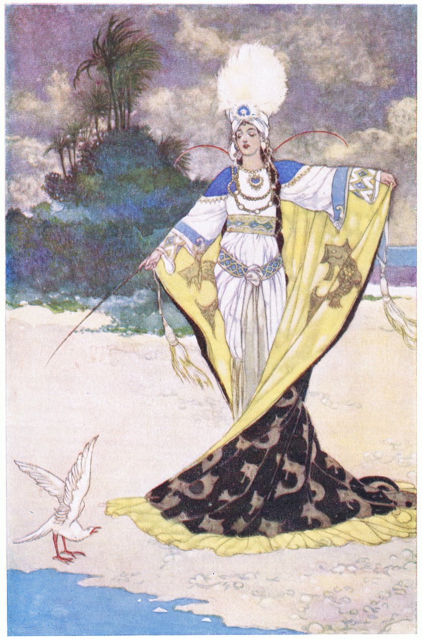 Prinsesse Giauhara forandrer King Beder til en hvit fugl, 1930-tallet av René Bull