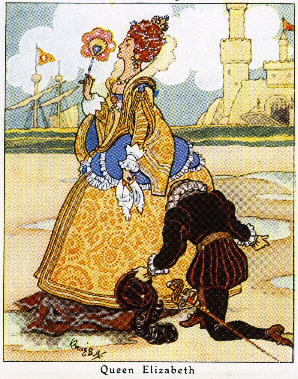 Sir Walter Raleigh legger kappen sin foran dronning Elizabeth I for å gå over en sølepytt, 1936 av René Bull