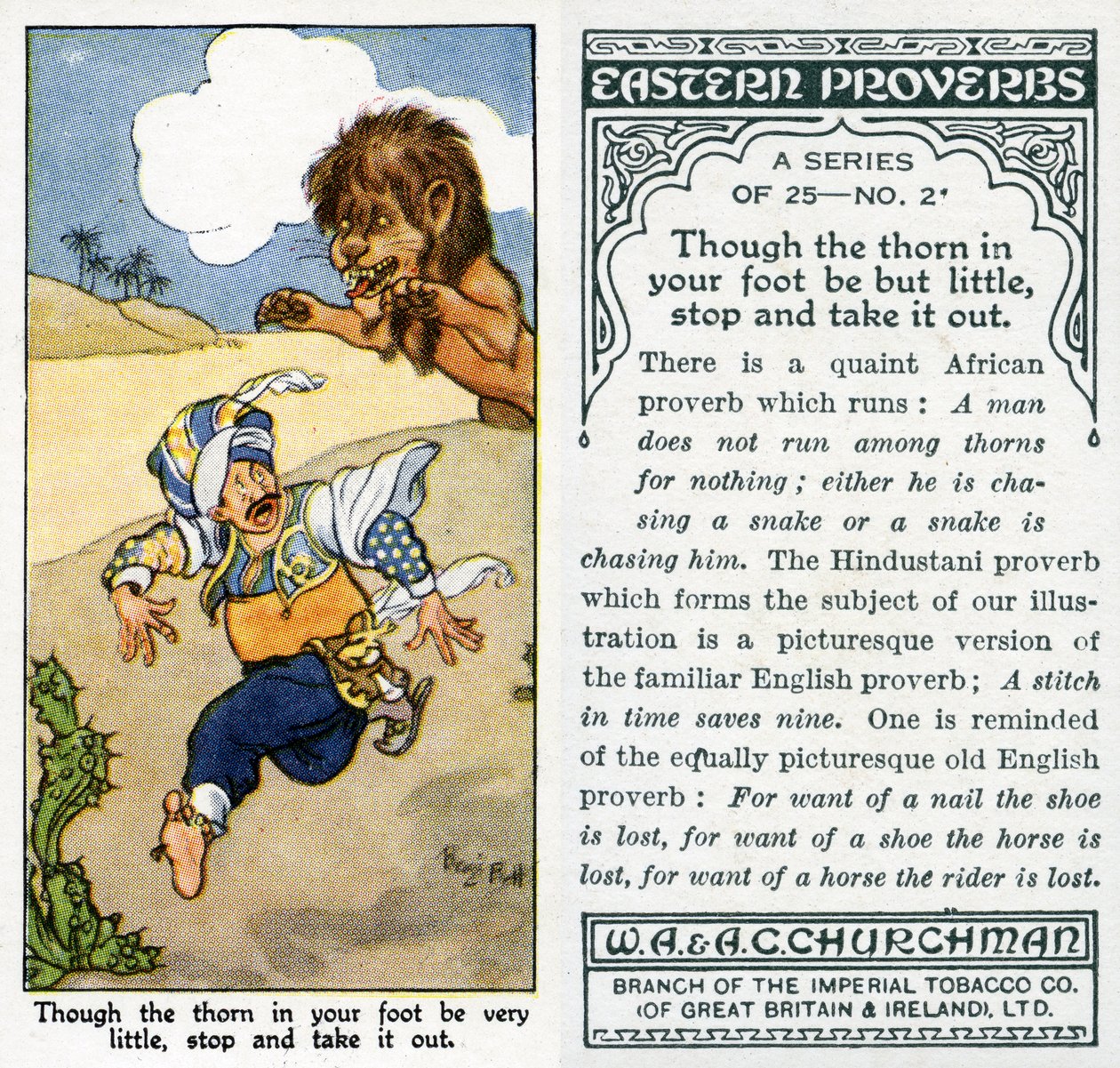 "Selv om tornen i foten din er veldig liten, stopp og ta den ut", 1931 (se også 498222) av René Bull