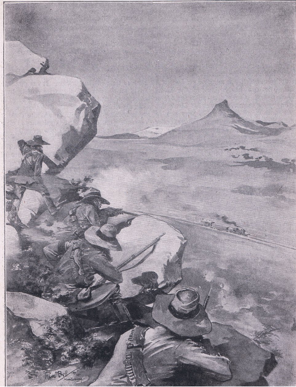 Boere skyter på General Frenchs tog (litho) av René Bull