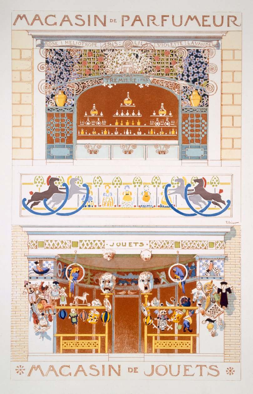 To butikkdesign: en parfymeselger og en lekebutikk, ca. 1880-95 av Rene Binet