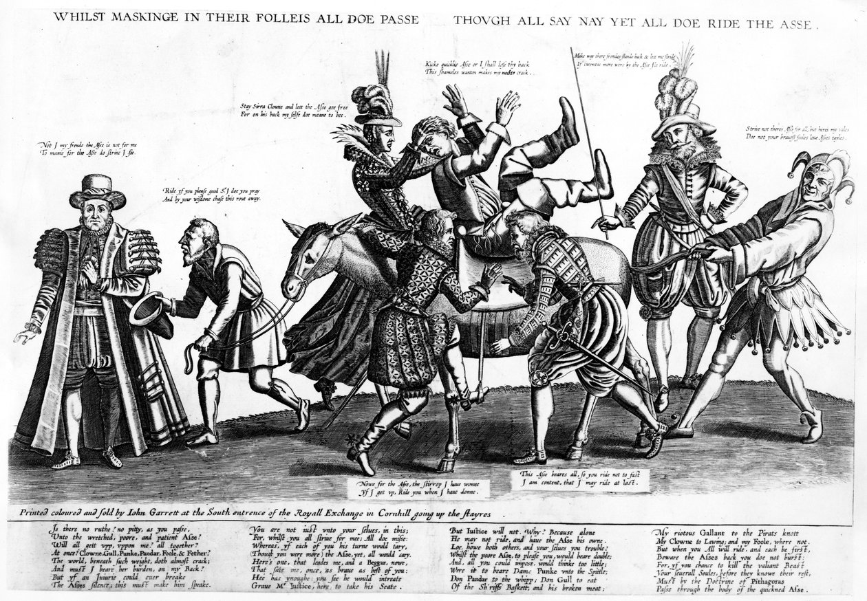 Mens maskering i deres folleis all doe passerer, selv om alle sier nei, men alle doe ride the ass, 1607 av Renold Elstrack