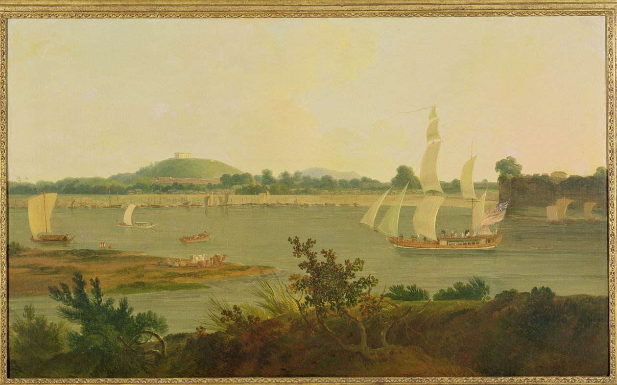 Pinnace seiler nedover Ganges forbi Monghyr Fort, ca. 1791 av Rev. Edward Thomas Daniell