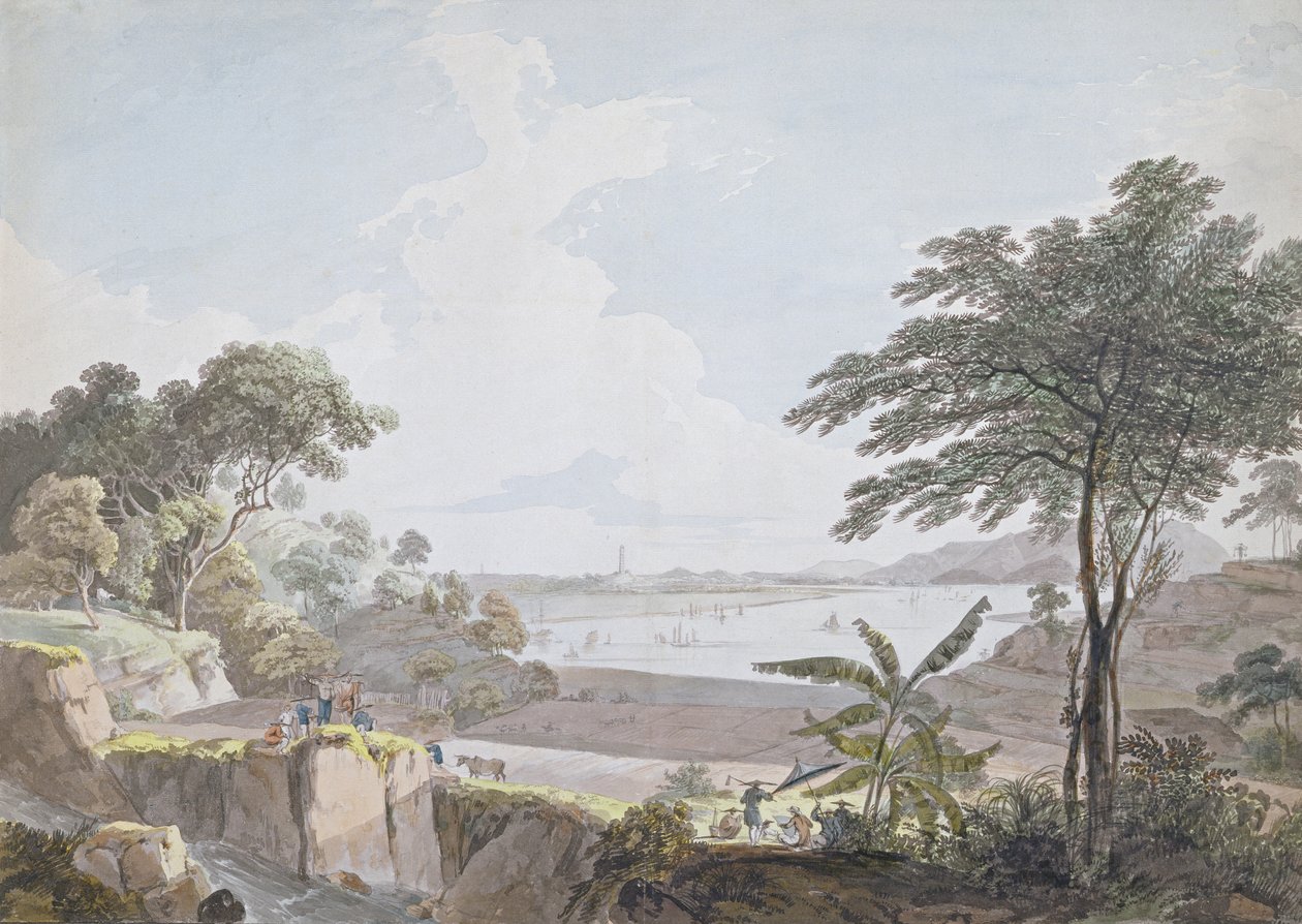 Utsikt over Canton River, nær Whampoa, Kina, ca. 1785-94 (wc og grafitt på lagt papir) av Rev. Edward Thomas Daniell